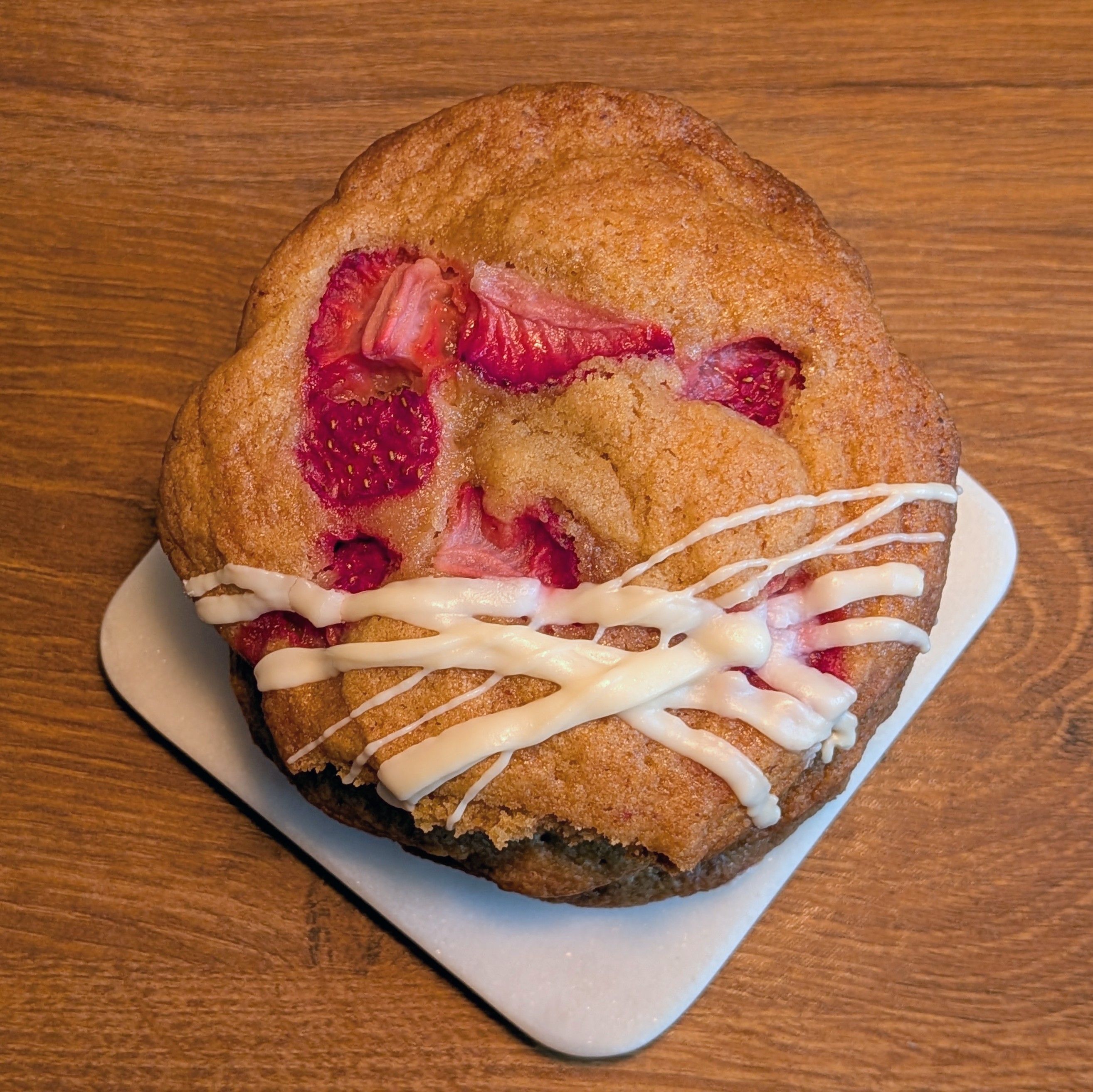 Picture of strawberry cookies stacked on table from above